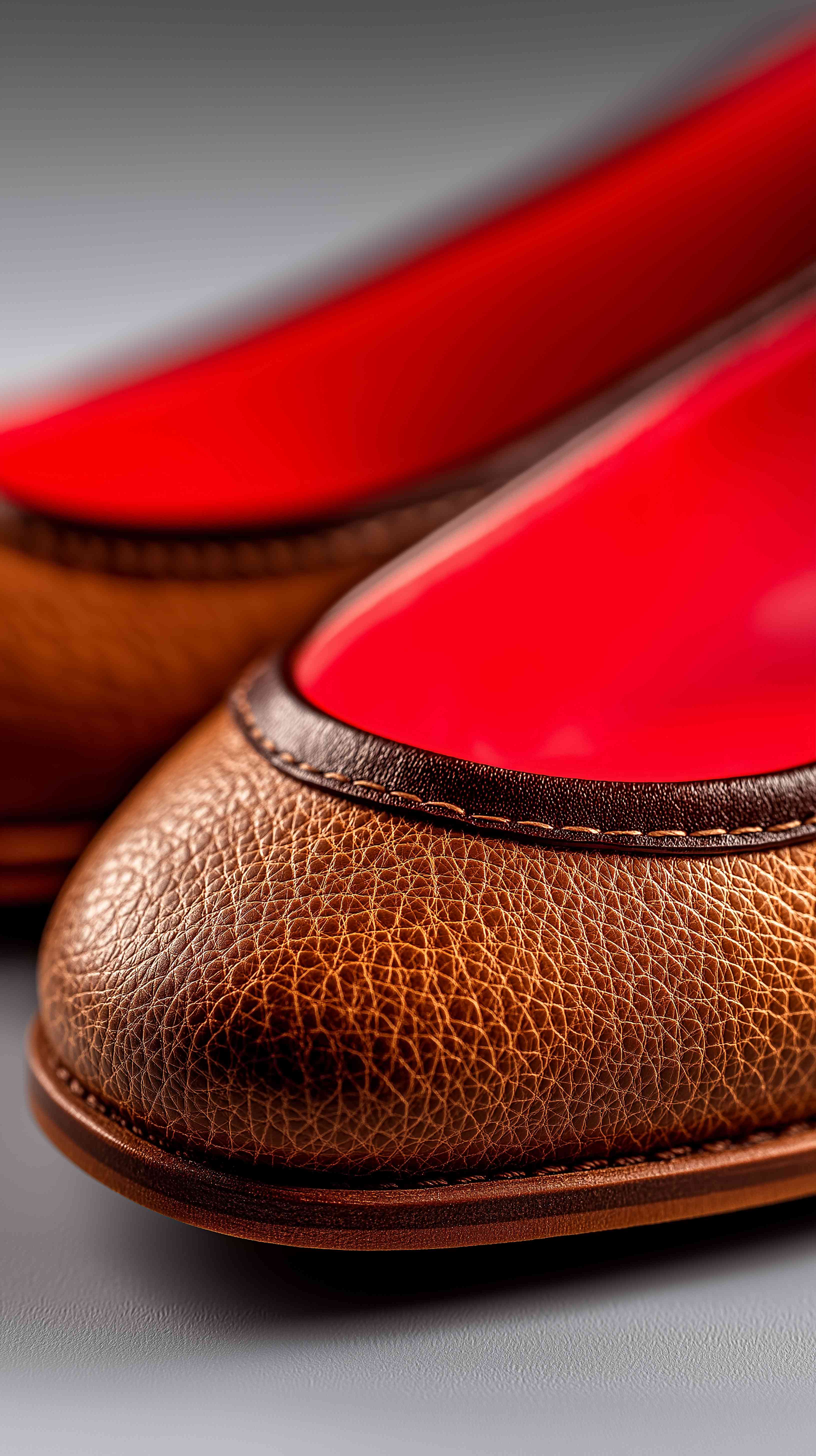 Close-up of a brown textured leather shoe with red interior