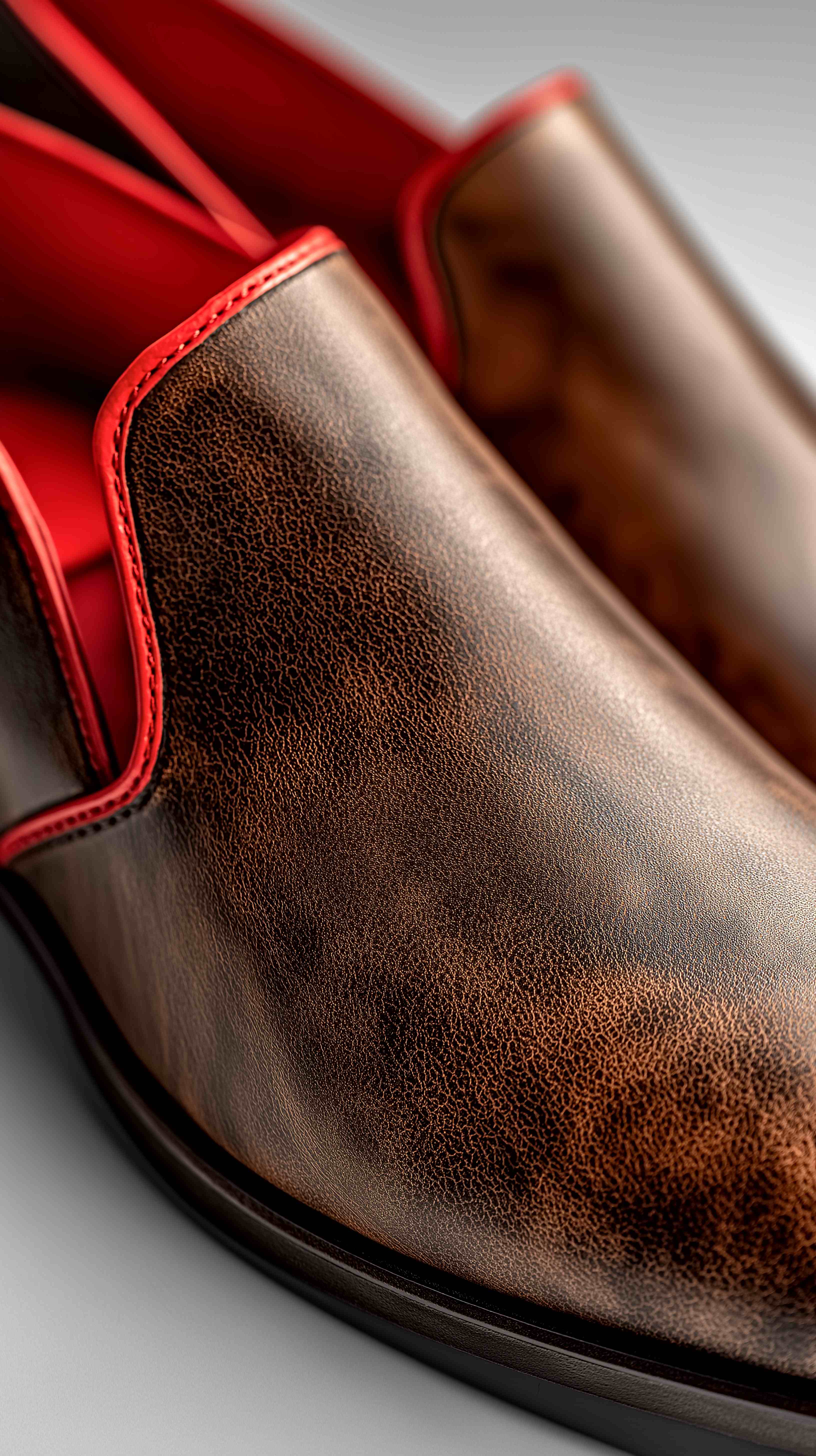 Close-up of a brown leather loafer with red piping