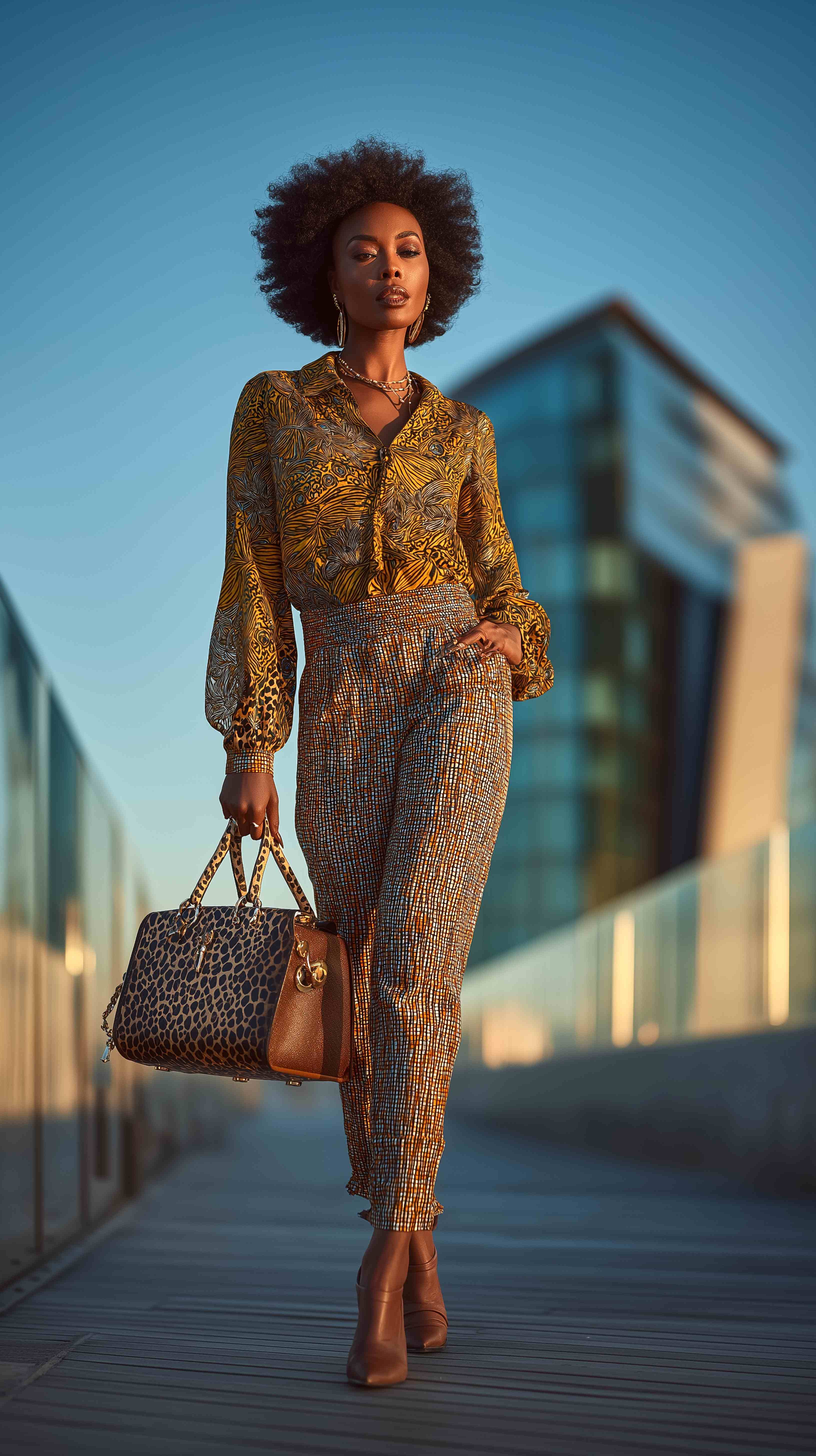 Stylish woman with patterned outfit on a bridge