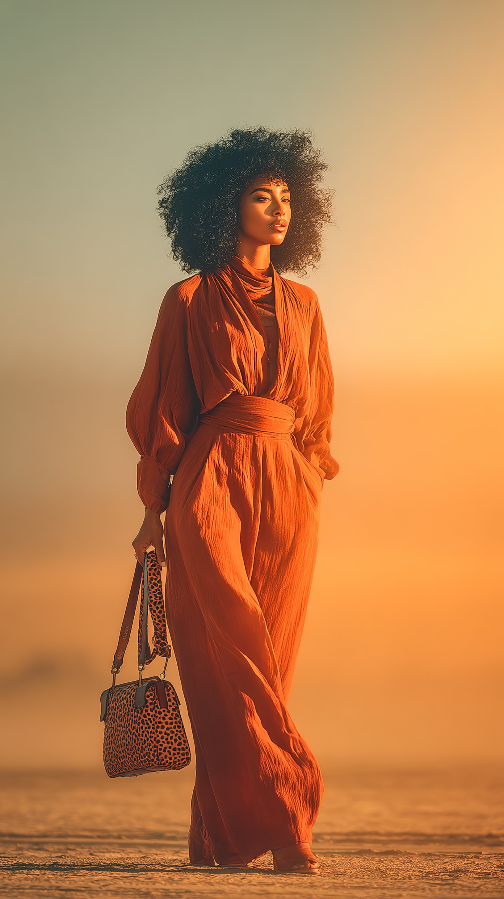 Woman in rust-colored jumpsuit in golden-lit landscape