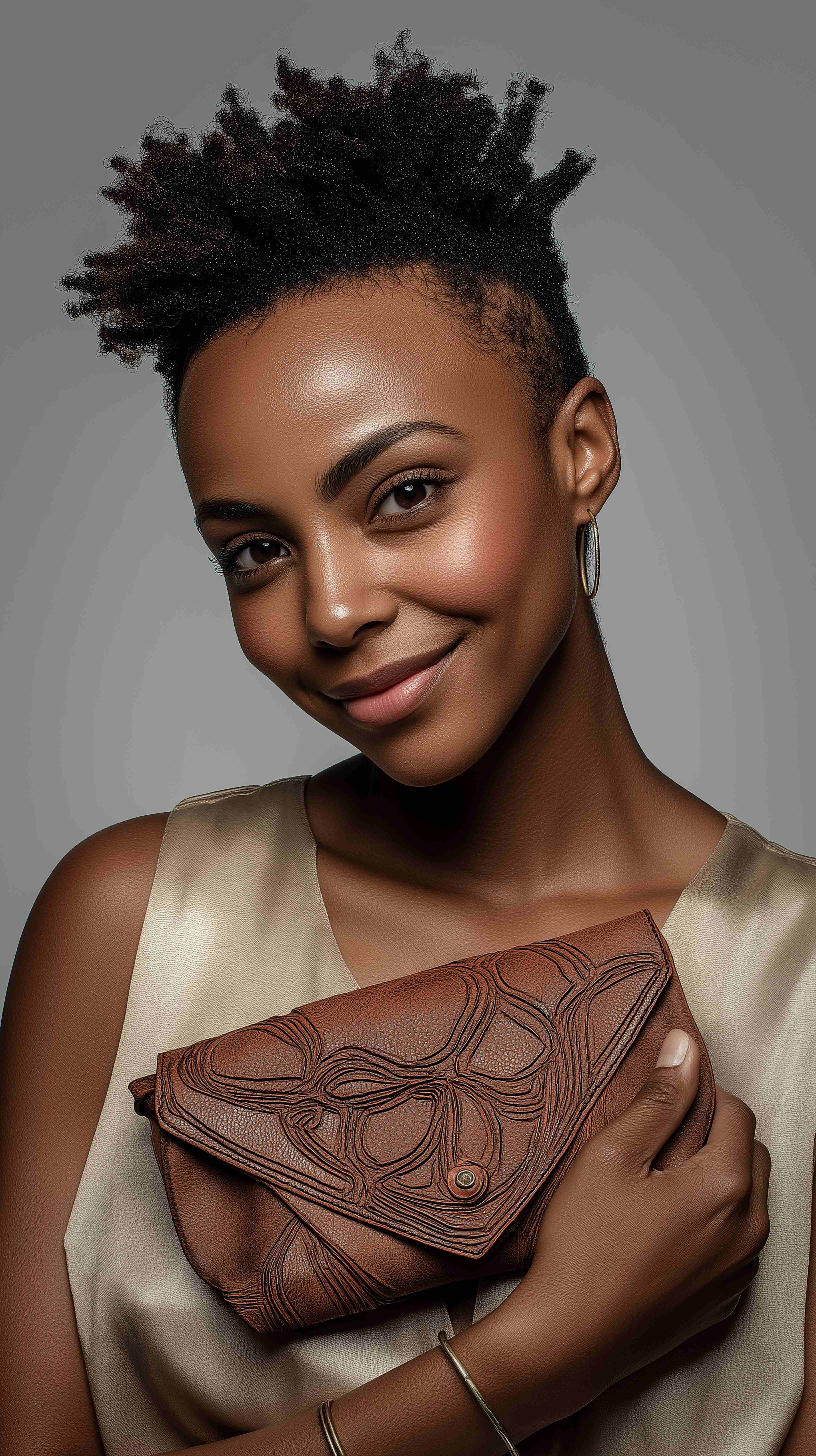Smiling woman with short hair holding a brown clutch