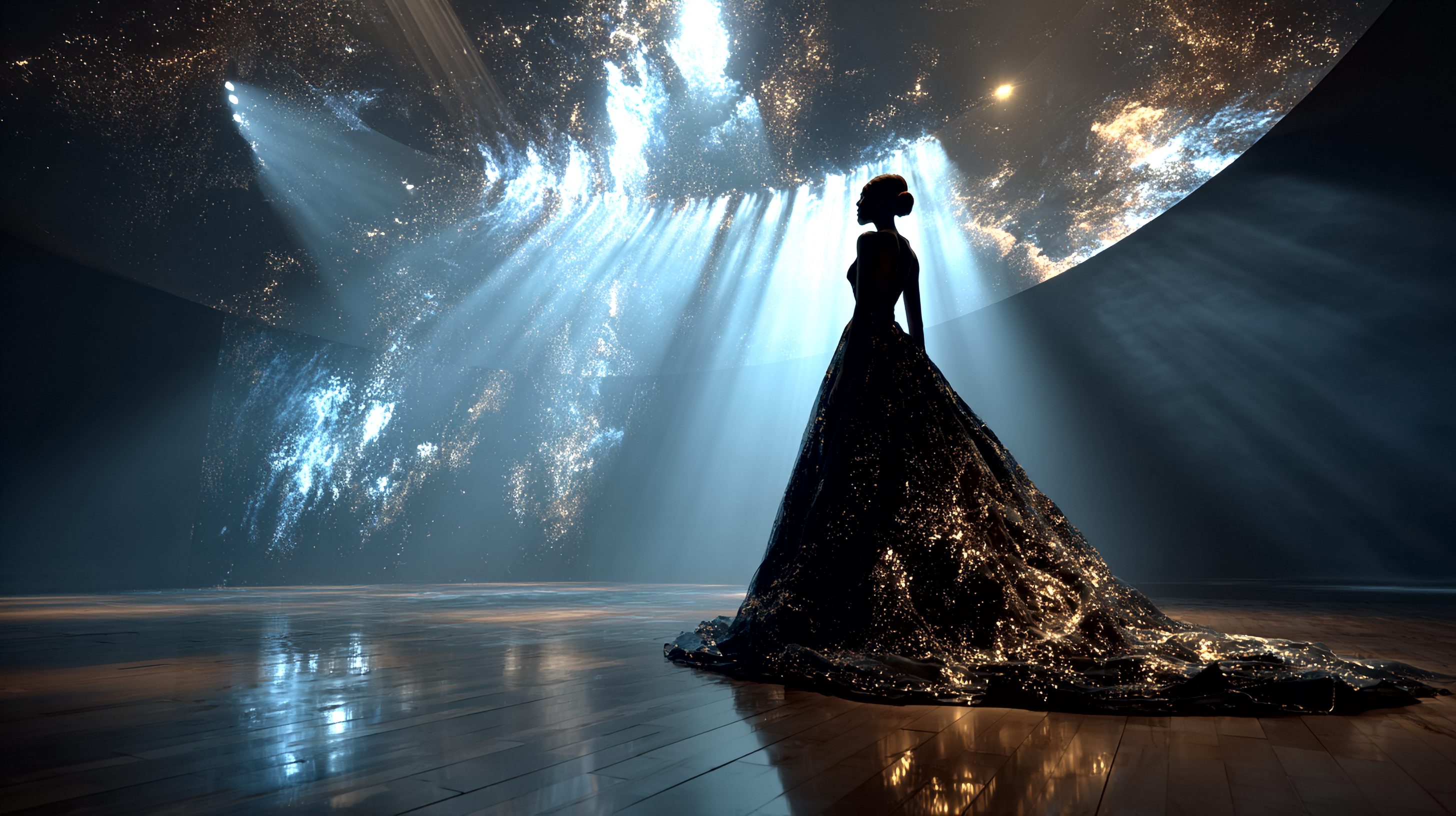 Silhouette of a woman in a grand gown with light effects