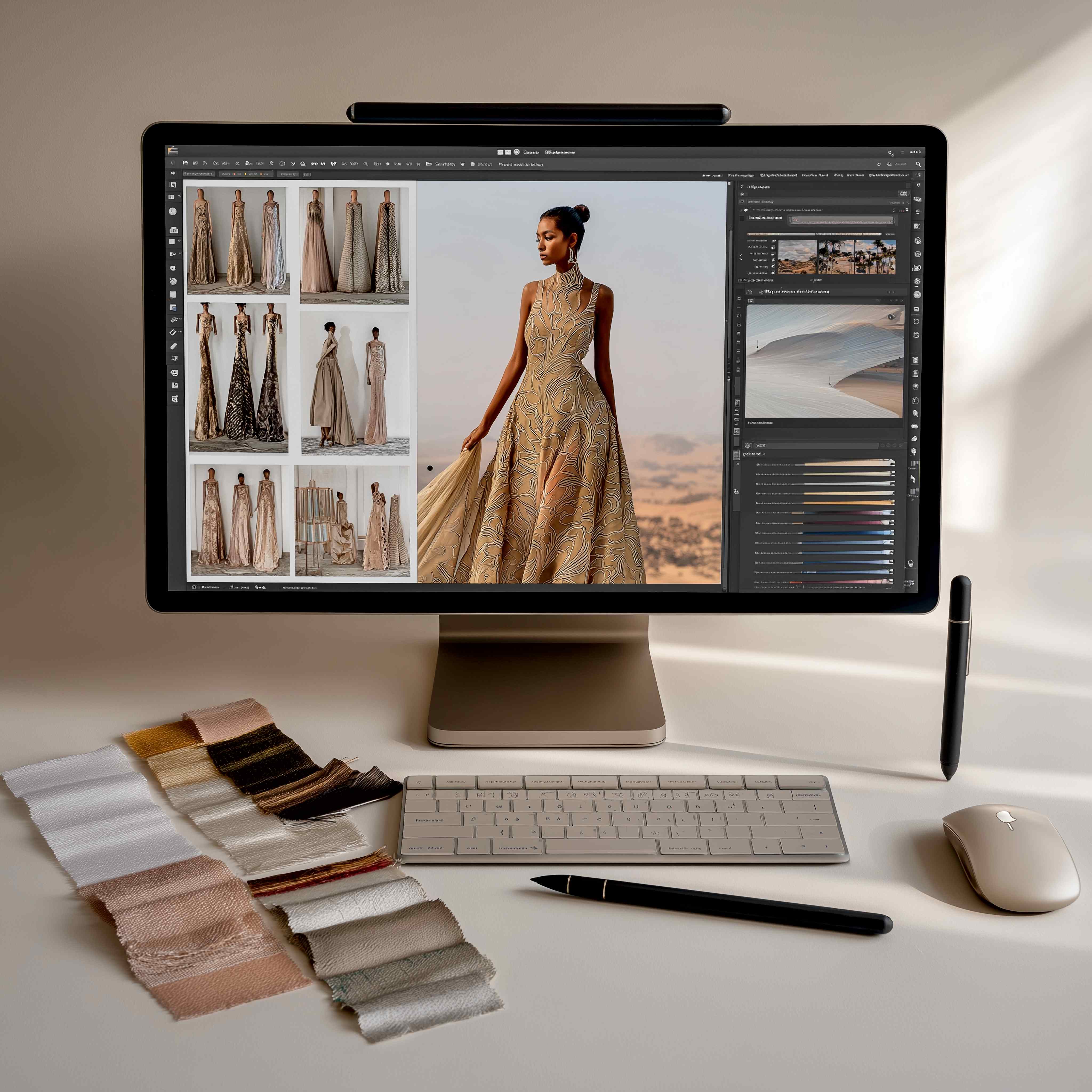Desktop computer displaying fashion designs and a woman in a golden gown